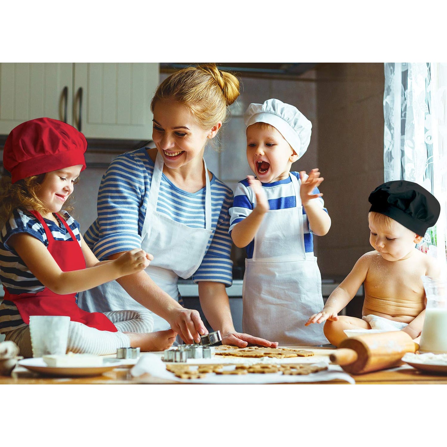 CHENGU 6 Pcs Kids Apron and Chef Hat Set Adjustable Child Apron with 2 Pockets for Boys Girls Toddler Cooking Baking Painting Kitchen, Red, Black, White(Large,Color 1)