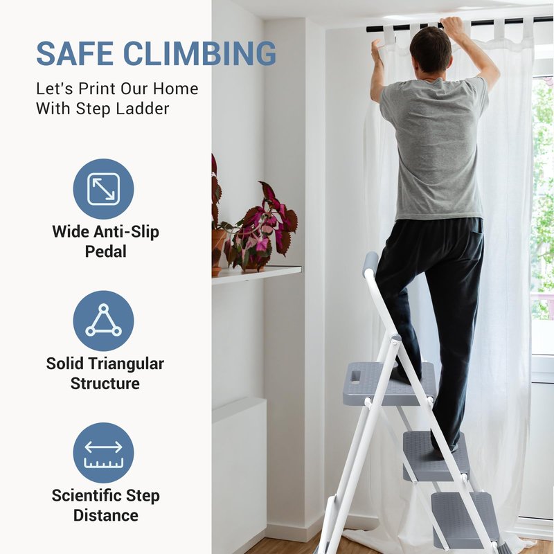 DUMOS Step Ladder, 3 Sturdy Step Stool with Anti-Slip Pedal & Comfortable Handrail, Portable Heavy Duty Stool for Kitchen, Garage & Outdoor Use, 800lbs, Pale Grey