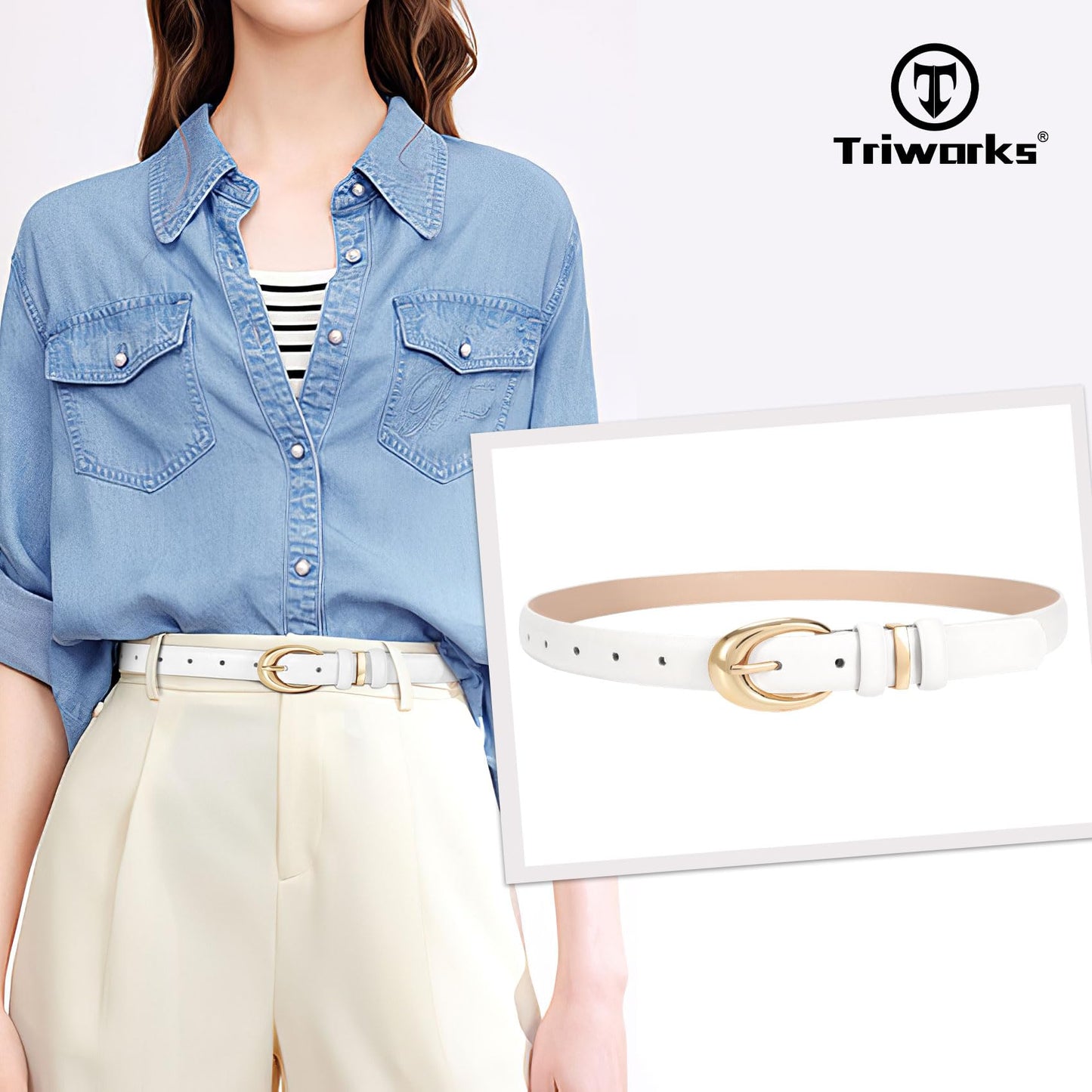 TRIWORKS Women Leather Belt for Jeans Pants Fashion Ladies Skinny Faux Leather Dress belt with Gold Buckle