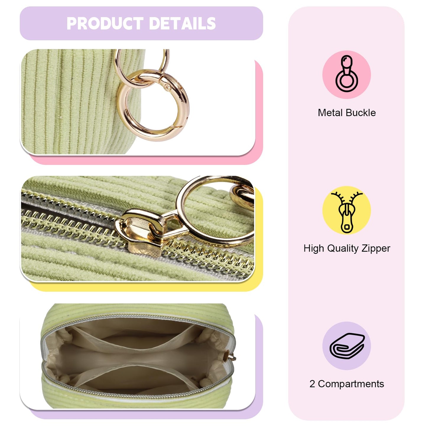 Playexen 5.5" Small Makeup Bag, Corduroy Small Cosmetics Bag for Purse, Portable Mini Travel Makeup Pouch with Ring Buckle & 2 Inner Pockets for Women (Green)