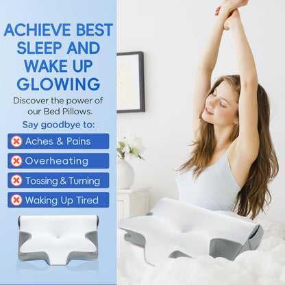 Effective Pain Relief Cervical Neck Pillow for Sleeping, Memory Foam Pillows for Neck Support, Odorless Contour Side Pillow, Ergonomic Bed Pillow for Back Stomach Sleeper (Grey and White)