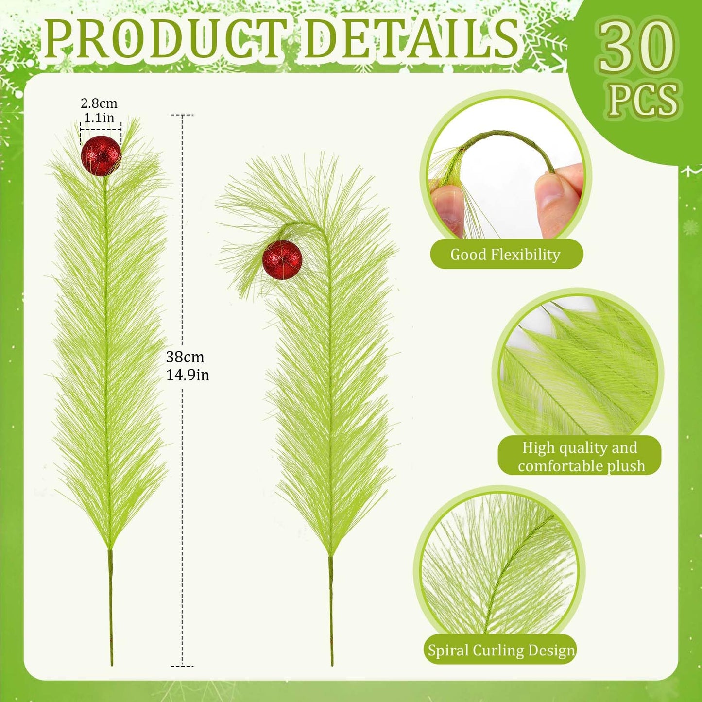 Hananona 30pcs 15" Christmas Picks and Sprays Christmas Tree Filler Green Curly Greenery Stems with Red Ball Xmas Artificial Stems for CraftsTree Decor, Vase Fillers, Home Decorations (30, Green)