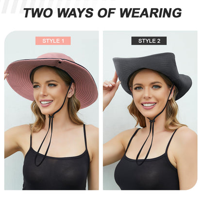 Sun Hats for Women, Wide Brim Beach Bucket Hats with Ponytail Hole, Outdoor UV Protection Foldable Fishing Hat Cooling Mesh Hiking Bucket Hat, Pink