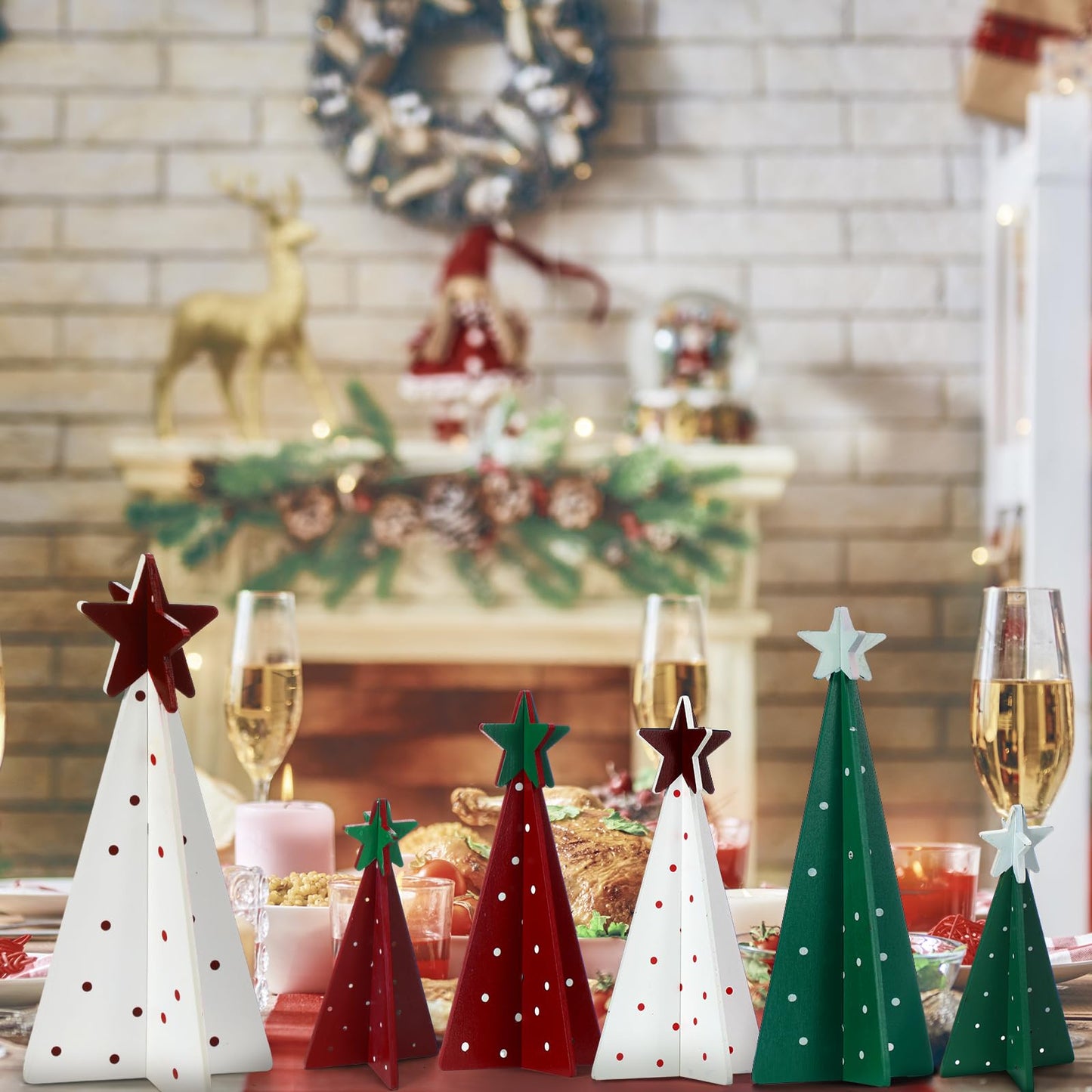 Maitys 12 Pcs Christmas Decoration 4 Sizes Wooden Tree Sign with Tabletop Star Decor Rustic Merry Christmas 3D Freestanding Engraved Trees for Home Table Centerpiece Shelf Mantel Fireplace Party Decor