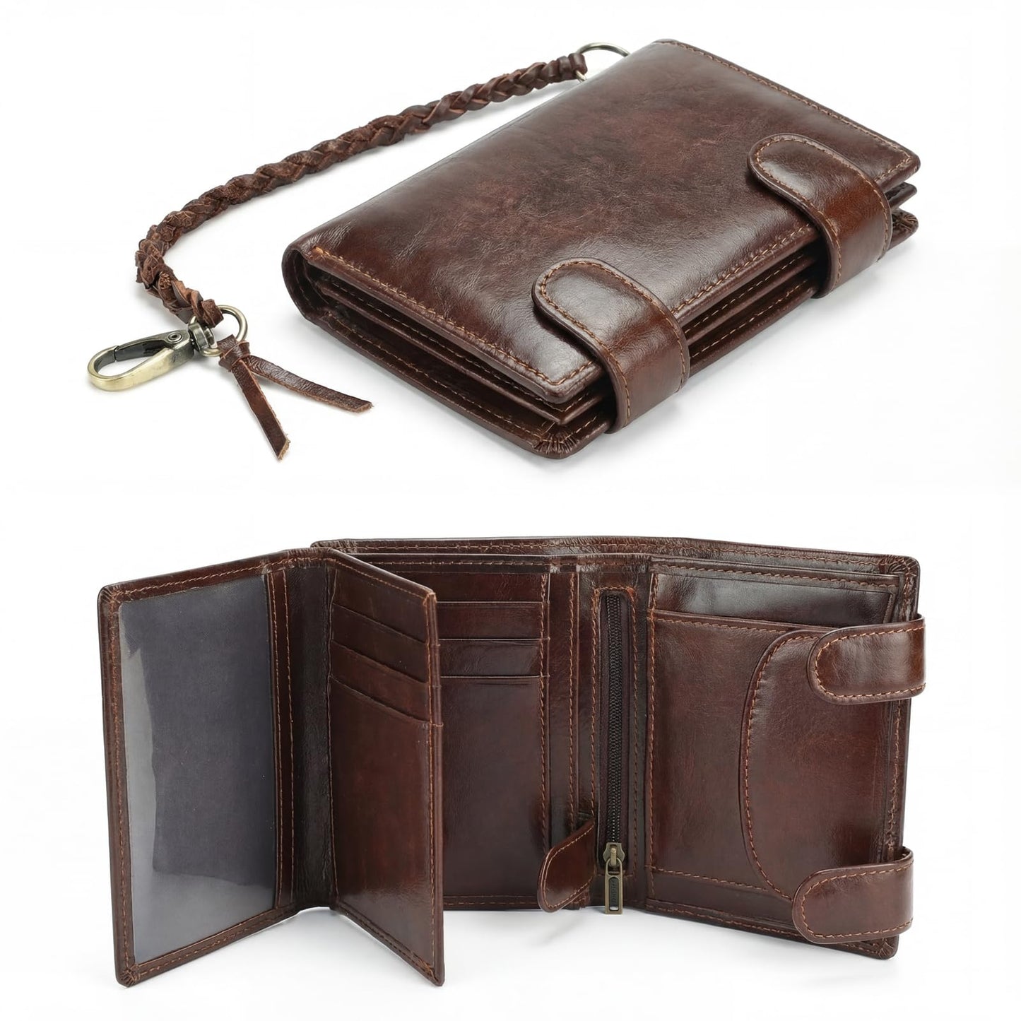 Mewpurrs Mens Genuine Leather Trifold Wallet, RFID Blocking Vertical Wallet with Wrist Strap, Zipper Coin Pocket, 15 Card Slots, Coffee