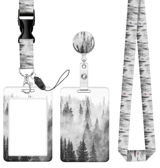 Badge Reels Retractable with Carabiner Reel Clip, ID Name Tag Work Badge Holder Belt Ferrule, Identity ID Badge Holder Cover Case for Office Work Nurse Teacher Student(Black White Forest)