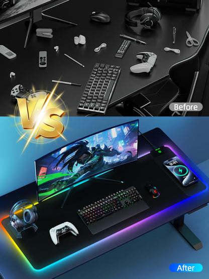 Mouse Pad with Wireless Charging, Large Desk Mat RGB Gaming Mousepad, 10 Light Colors LED Gaming Pad Keyboard Pad with Ultra-Smooth Surface & Non-Slip Rubber Base, Waterproof Full Desk Mouse Pad