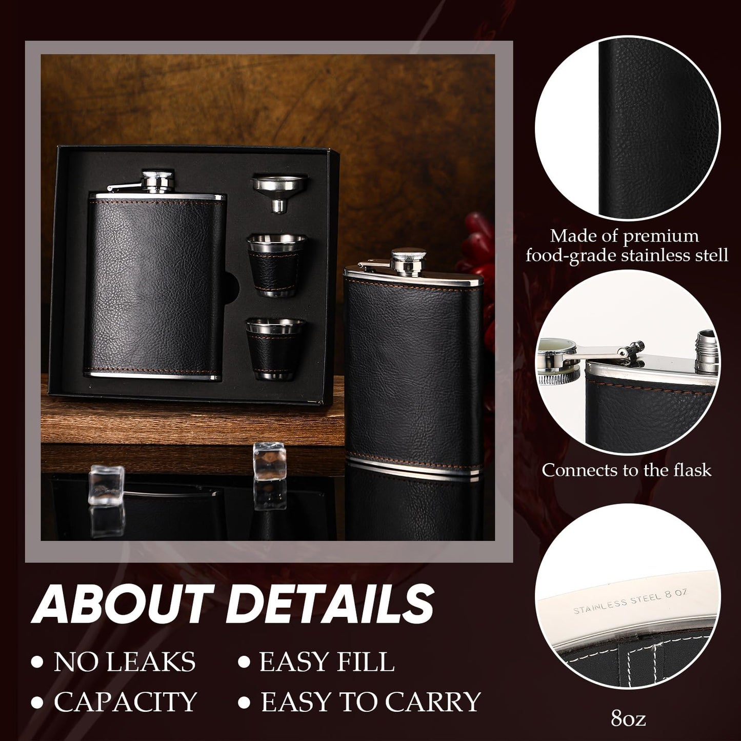 Domensi 6 Set Hip Flask Gift Set Flask for Liquor for Men with Black Leather Cover 8 oz Hip Flask Set 18/8 Stainless Steel Hip Flasks with 2 Cups & Funnel for Men Gift Box, Camping, Wedding Party