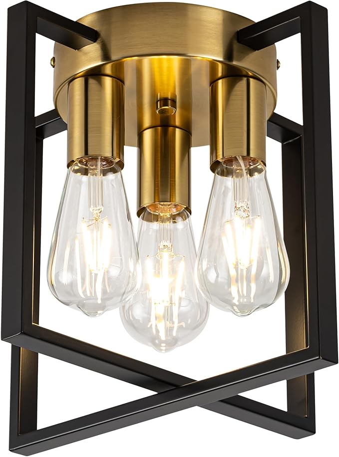 Modern Cube Frame Ceiling Light Fixture, 3 Bulbs, Black and Gold Finish, for Entryway Porch Hallway Stairway Garage Living Room Dining Room Balcony