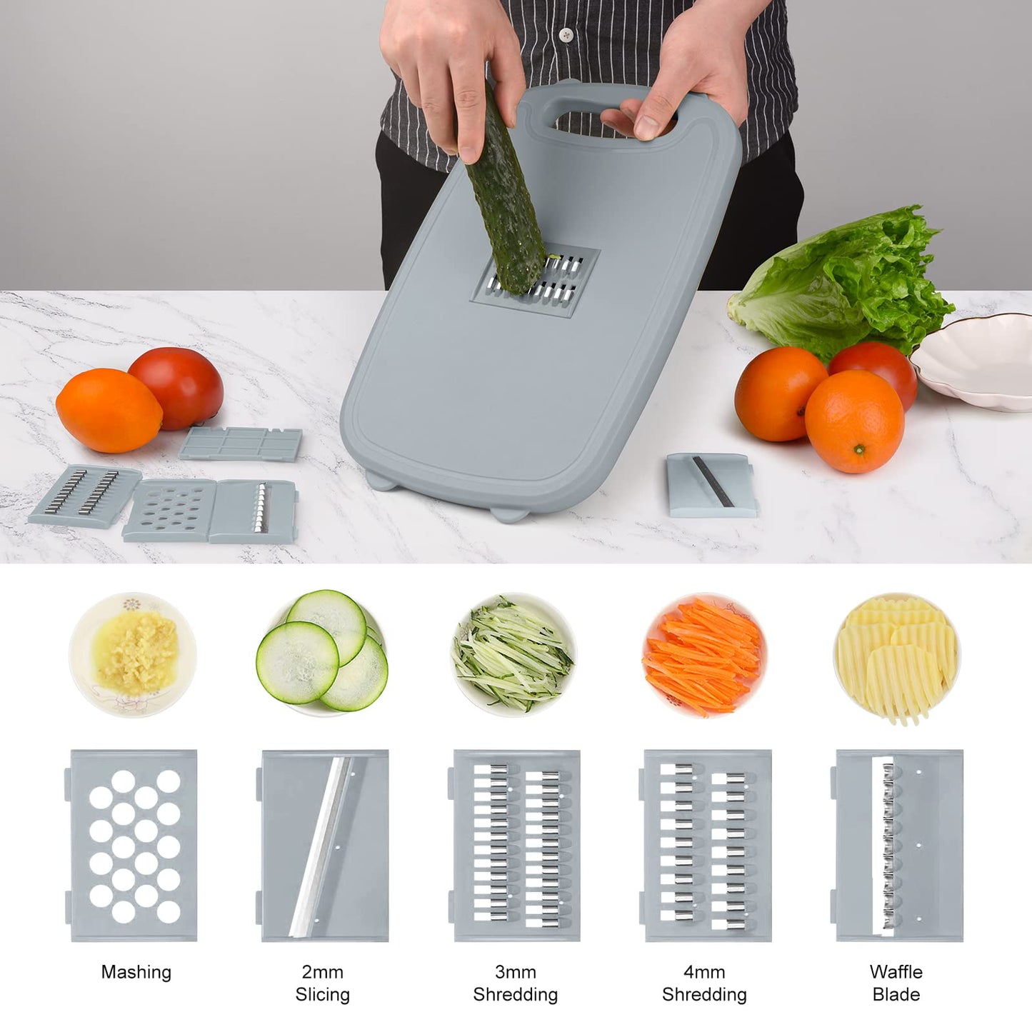 Gintan Camping Cutting Board, 9-in-1 Collapsible Chopping Board with Colander, Kitchen Vegetable Washing Basket for Camping, Camping Gifts Camping Accessories for RV Campers (Blue+Grey)