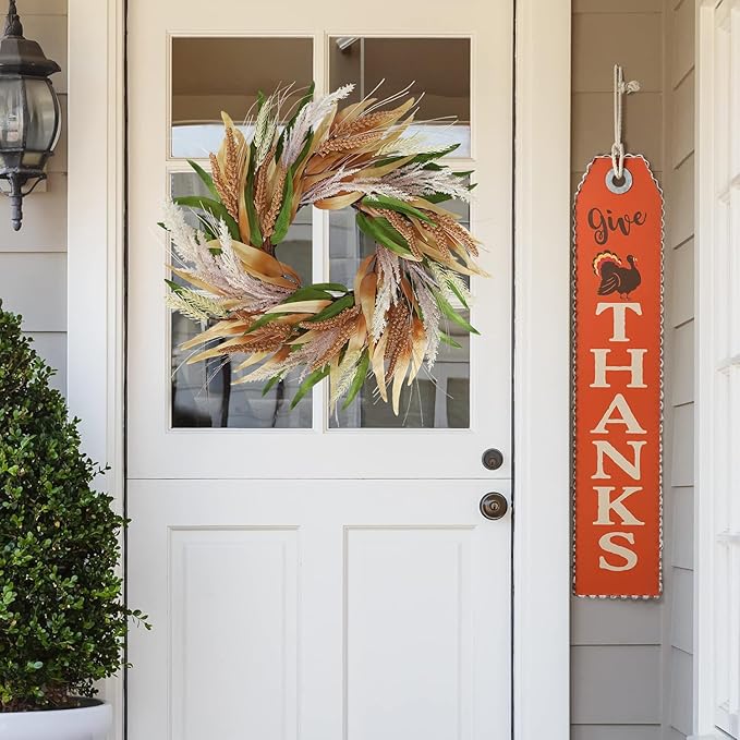 20" Fall Wreaths for Front Door with Green Brown Foliage Grain Ear Wheat and Pampas Grass – Boho Thanksgiving Harvest Wreath, Front Door Porch Decor.