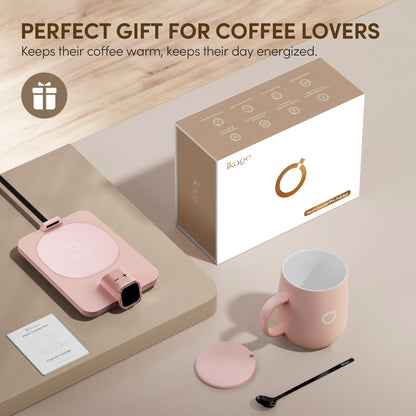 Coffee Mug Warmer Set, Temperature Control Smart Heated Mug for Desk, Electric Coffee Warmer with Auto Shut Off & Real-Time Temp Display, Gifts for Men Women, 15oz, Beige