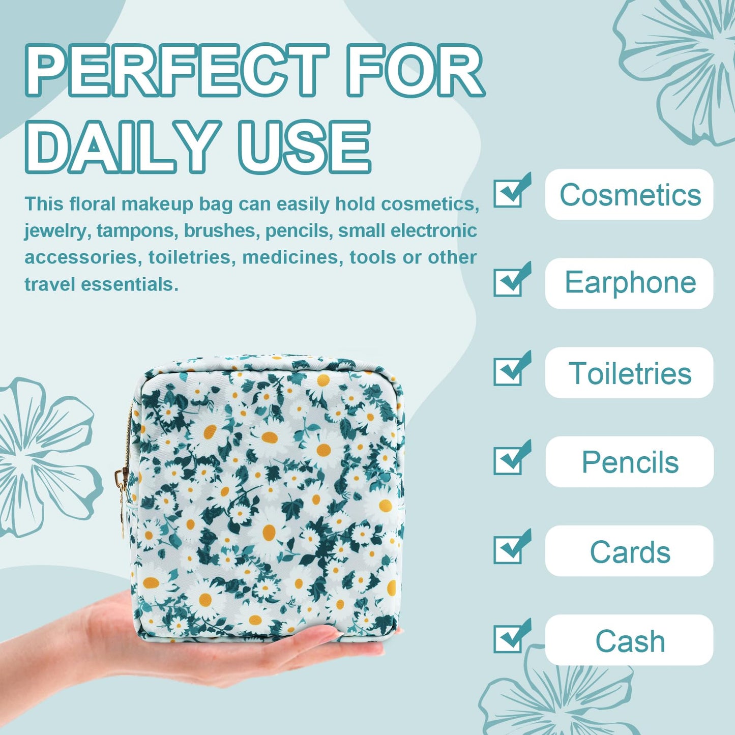 UIXIZQ Waterproof Mini Floral Makeup Bag Pouch for Purse,Nylon Flower Cosmetic Travel Bag Small Preppy Toiletry Organizers Bag for Women Girl,Cute Zipper Pouch Coin Purse for Work(Mini Green-Daisy)