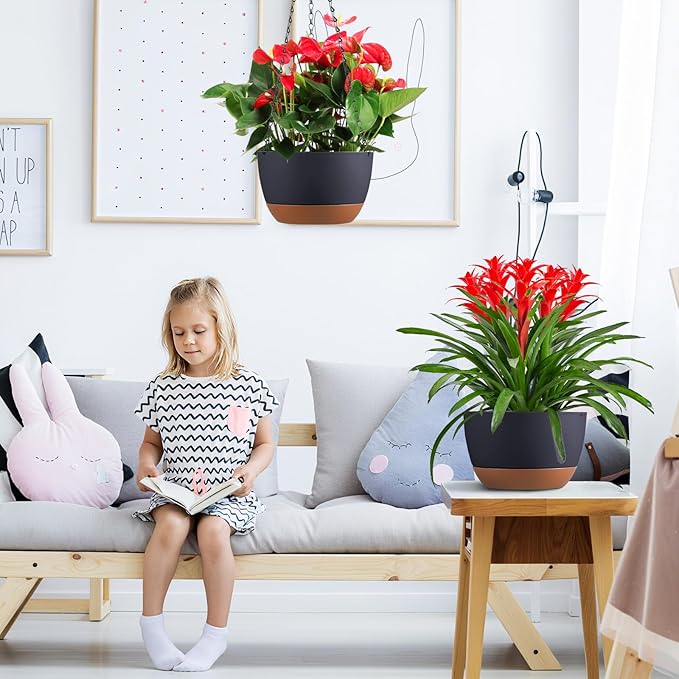 Set of 2 10 Inch Self Watering Hanging Planters for Indoor Outdoor Plants, Color Blocking Hanging Baskets Flower Pots with Drainage Hole & Removable Water-Storage Tray and 20" Chain Hanger