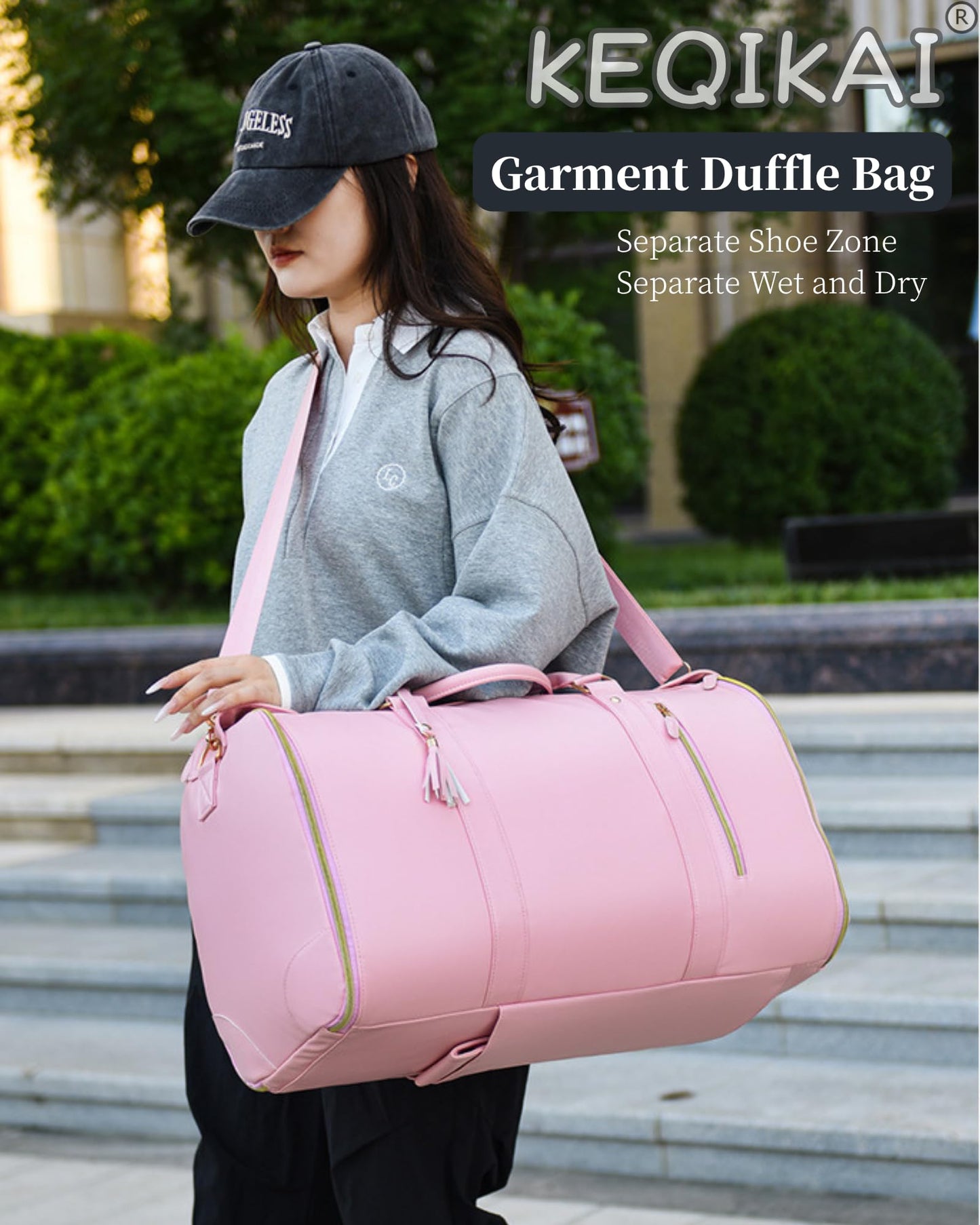 Garment Duffle Bag for Travel, 2-in-1 Garment Bags Carry On Hanging Suit Bag, Foldable PU Leather No Wrinkle Dress Bag for Women & Men, Weekender Overnight Business Trip Pink