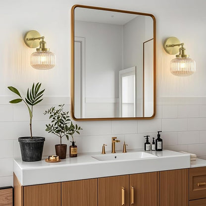 Vintage Wall Sconces with Amber Pumpkin Glass Lampshade, Indoor Bathroom Wall Sconce, Modern Gold Industrial Lighting Fixture for Mirror Living Room Hallway 2 Pack
