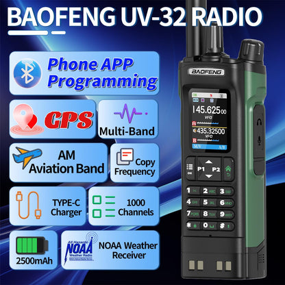 BAOFENG UV-32 Radio Ham Radio Handheld 10W Long Range Rechargeable NOAA Weather Receiver 5RM K5 Tactical Two Way Radio Walkie Talkie for Adults with GPS,USB-C Charging for Hunting Survival Gear,2Pack