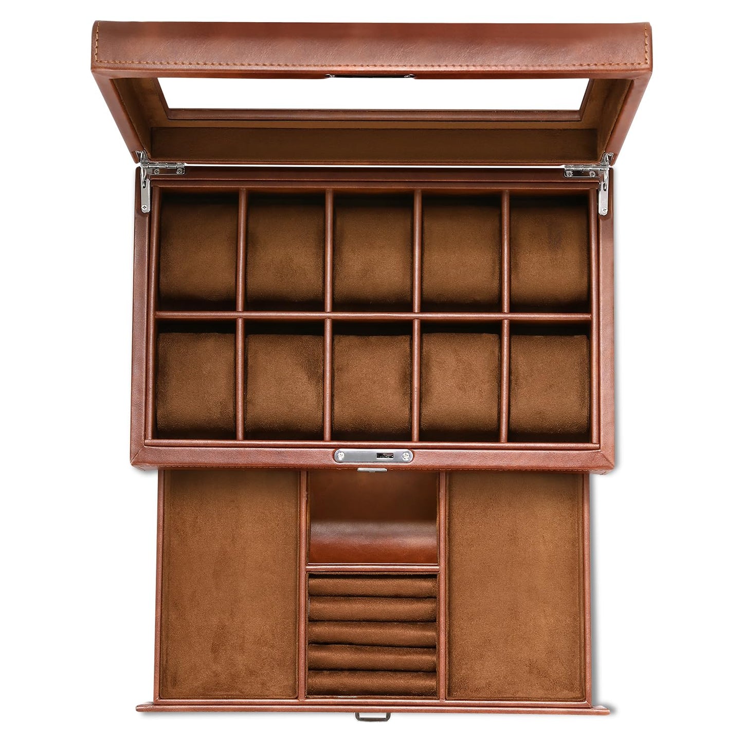 HELMDY Leather Watch Box with Drawer-10 Slots Locking Jewelry Watches Holder for Men-Luxury Watch Case Display Organizer-2 Tier Organizer Watch Showcase-Storage Case