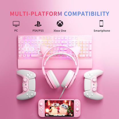 SOMIC G951s Pink Stereo Gaming Headset with Mic for PS4,Xbox,PC,Mobile Phone,3.5mm Noise Reduction Cat Ear Headphones Lightweight Over Ear Headphones for Woman