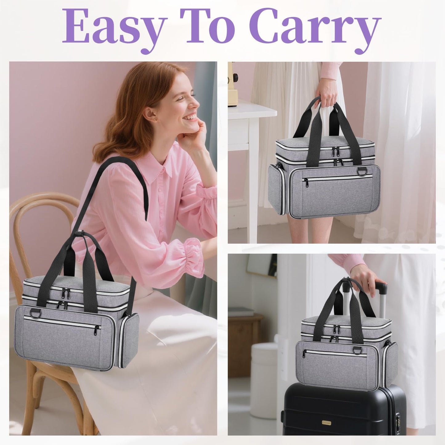 Anitor Large Sewing Supplies Organizer, Double Layer Sewing Storage Organizer with Two Detachable Dividers, Travel Sewing Bag Organizer with Shoulder Strap for Accessories, Gray, (Bag Only)