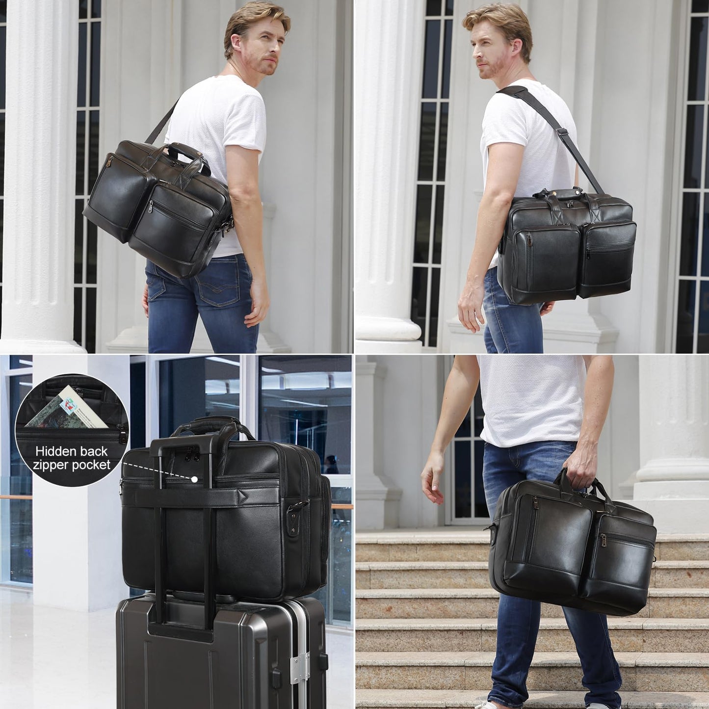Masa Kawa Black Leather Briefcase Messenger Bag Men Expandable 17 Inch Laptop Business Travel Duffel Crossbody Shoulder Weekender Overnight Bags,Large
