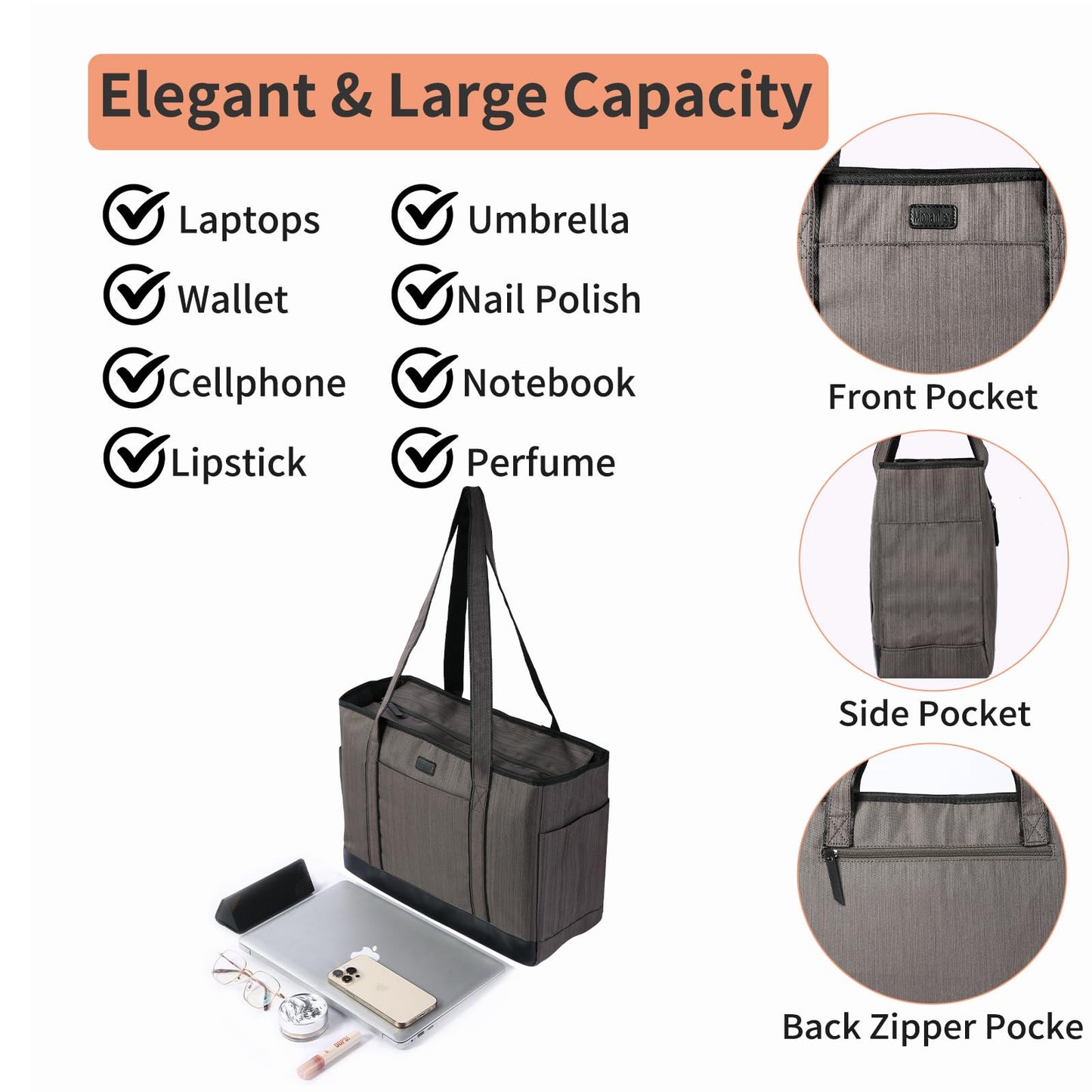 Monanller Fashion Teacher Tote Bag, Large Utility Work Bag with Laptop Compartment for Women & Men, Carry Bag with Several Inner & Outer Pockets-Grey