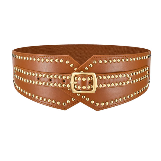 JKEEMI Wide Belt for Women Leather Elastic Waist Belt with Adjustable Gold Buckle Halloween Corset Cincher for Dress Wide Brown Chunky Vintage Renaissance Pirate Waist Corset Brown M