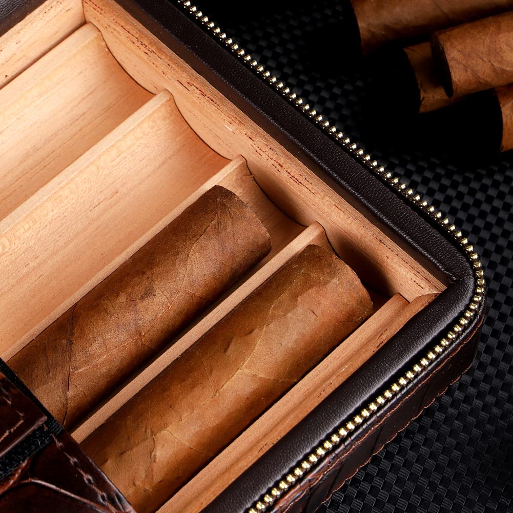 KEENSUN Cigar Case- 4-Finger Black Brown Crocodile Pattern PU Leather Travel Cedar Wood Cigar Humidor with humidifier,Cigar Cutter and Cigar Holder Great Gift for Men