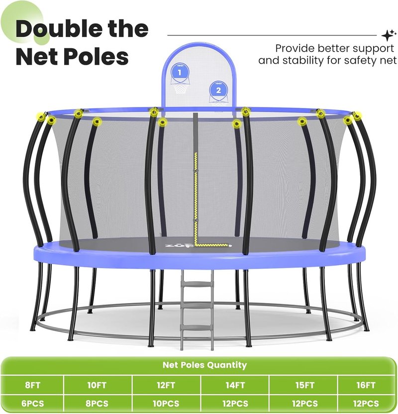 Zupapa 16FT Trampoline with Safety Enclosure Net - 1800LBS Capacity, No-Gap Design, Non-Slip Ladder for Kids & Family Outdoor Fun