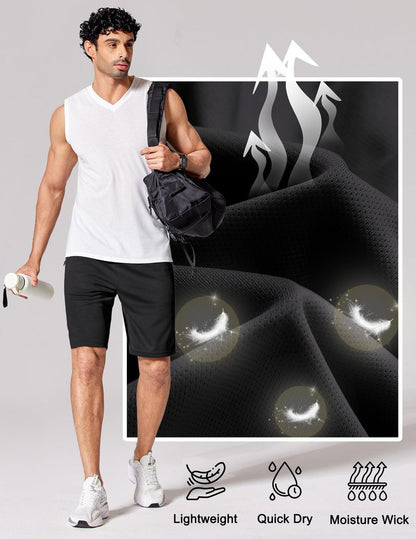 COOFANDY Mens Athletic Running Shorts 9" Lightweight Quick Dry Drawstring Mesh Gym Shorts with Zipper Pockets (Black, Large)