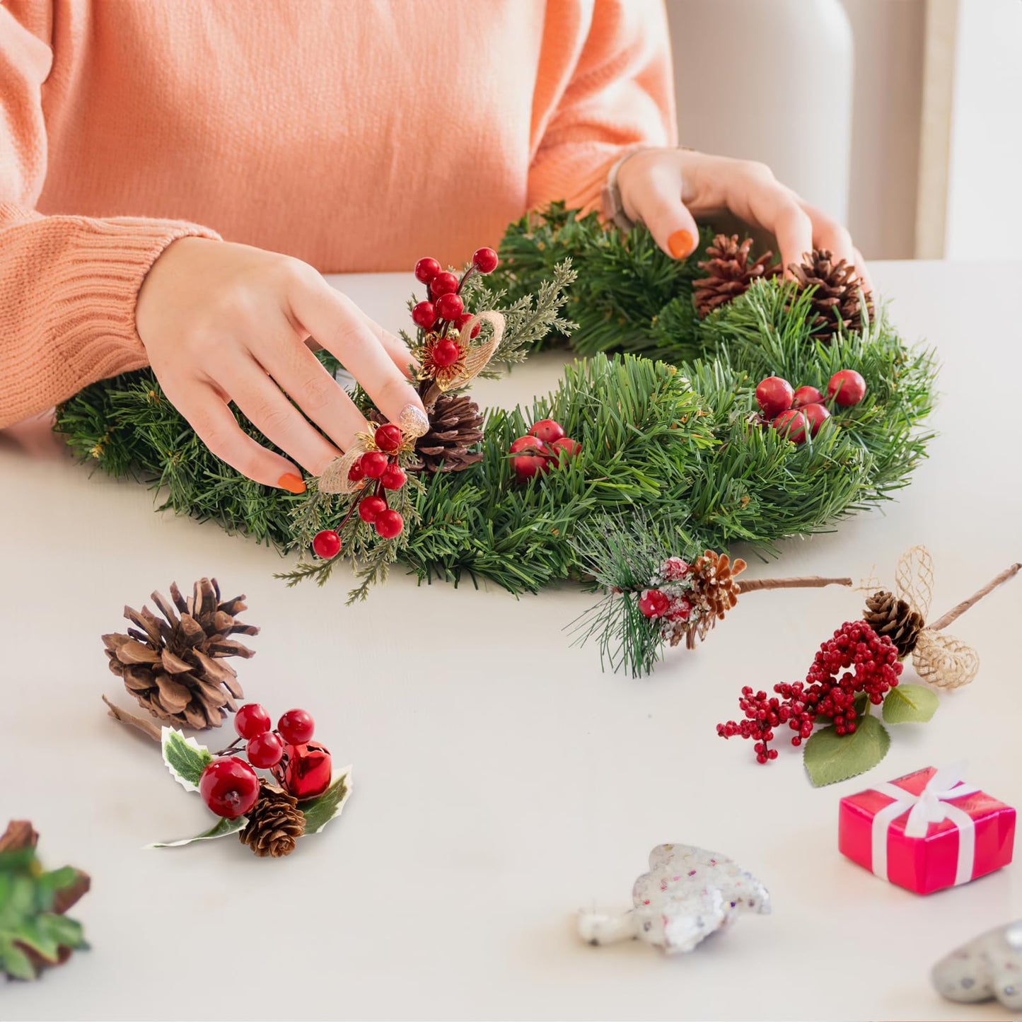 Crafare 15 Pack Small Artificial Christmas Picks 5"-10" Assorted Red Berry Picks Stems Faux Pine Picks Spray with Pinecones for Christmas Floral Arrangement Winter Holiday Season Decoration