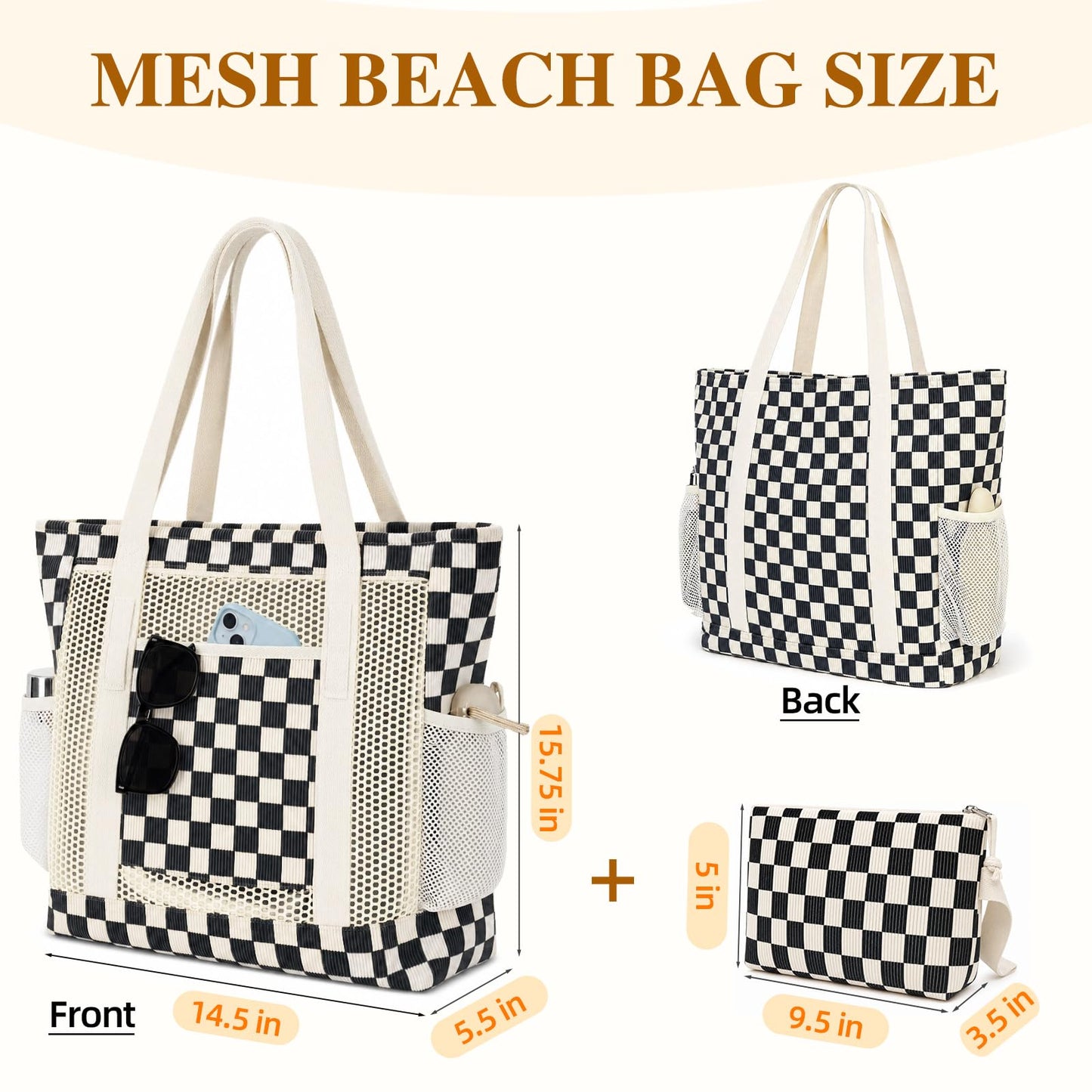MIAOJIE Mesh Beach Tote Bags for Women Corduroy Tote Bag Sandproof Mesh Beach Bag With Zipper Pocket Pool Bag for Weekender Travel Cruise Swim -Black Plaid