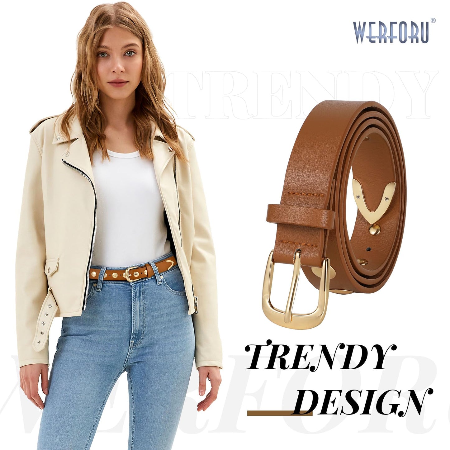 WERFORU Women Fashion Leather Belt Studded Leather Belt Ladies Belts for Jeans Dress Punk Belt,(Brown,25"-30" Waist Adjustable)