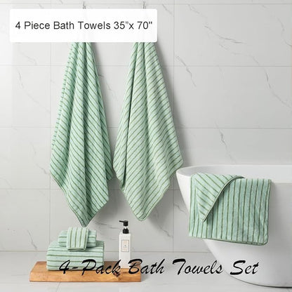 Oliven 4 Piece Green Cabana Stripe Large Bath Towels Oversized Bath Sheet Super