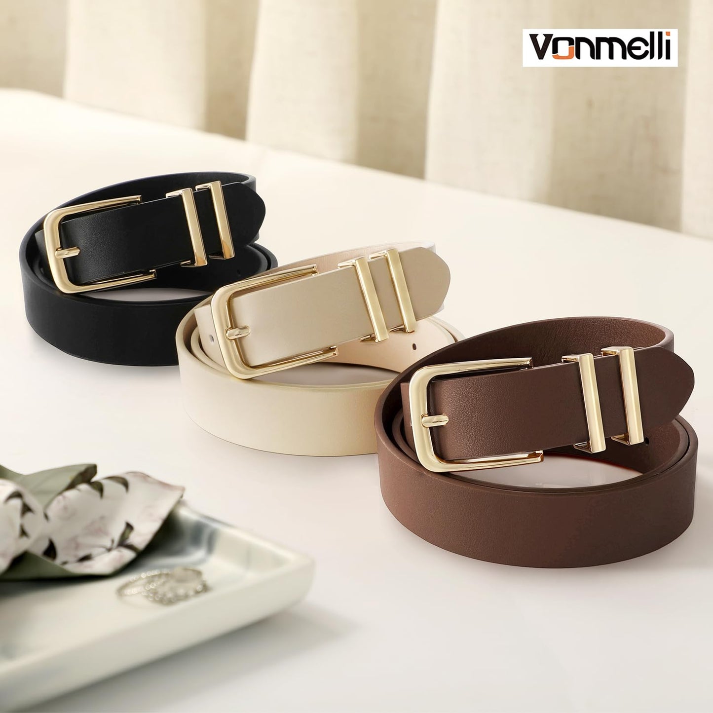 VONMELLI 3 Pack Women's Belts for Jeans Pants Fashion Gold Buckle Ladies Dress Belt, Black+Brown+Coffee S