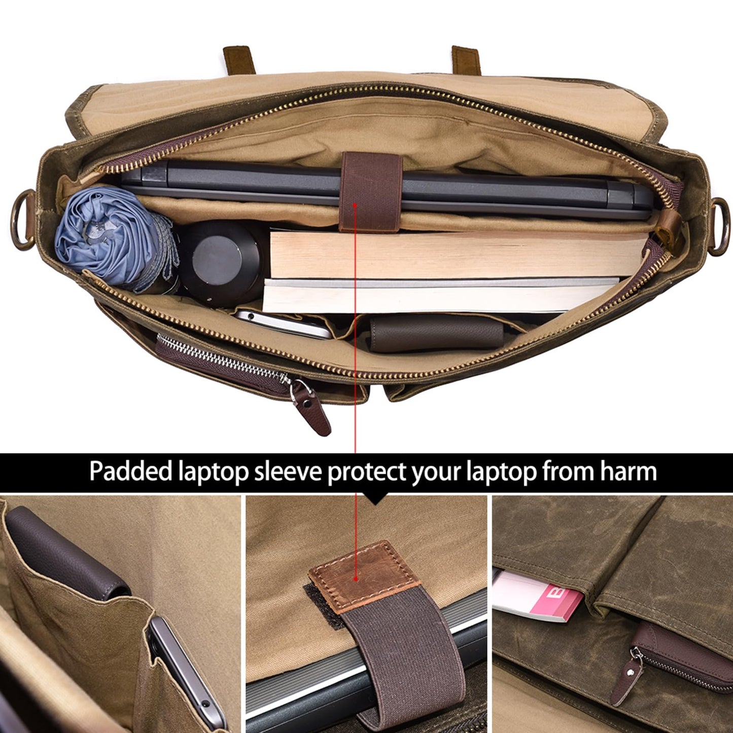 Mens Messenger Bag 15.6 Inch Waterproof Vintage Genuine Leather Waxed Canvas Briefcase Large Leather Computer Laptop Bag Rugged Satchel Shoulder Bag, Coffee