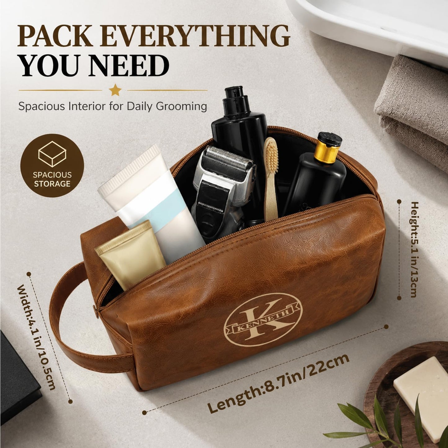 Personalized Leather Toiletry Bag For Men – Custom Dopp Kit With Name Or Initial, Travel Kit For Men, Personalized Gifts For Men, Fathers Day Birthday Anniversary, Valentines Day Graduation Gifts