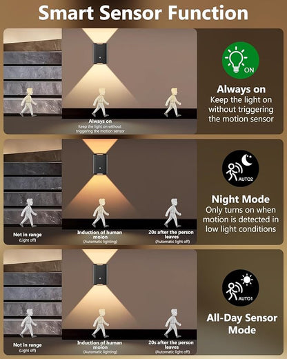 2 Pack Rechargeable Motion Sensor Wall Sconce – 5000mAh Wireless Battery Operated Wall Light, 3 Colors Up/Down Lighting Night Light with Remote Control for Indoor Stairs, Bedroom, Hallway (Black)