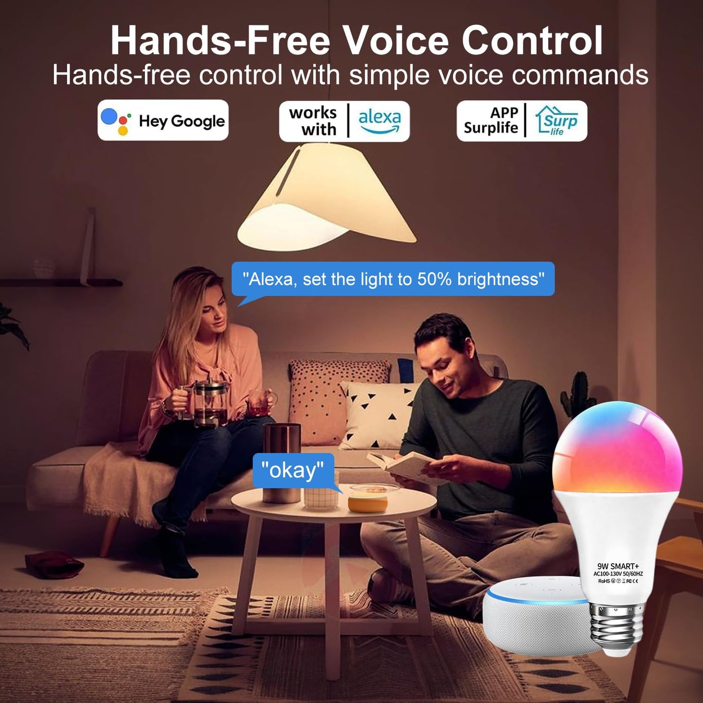 luckystyle Smart Light Bulbs, 9W A19 E26 800LM WiFi Bluetooth LED Bulbs Compatible with Alexa, Google Assistant & Home, 16 Million Colors Music Sync Color Changing Dimmable RGBWW Lights Bulb (4)