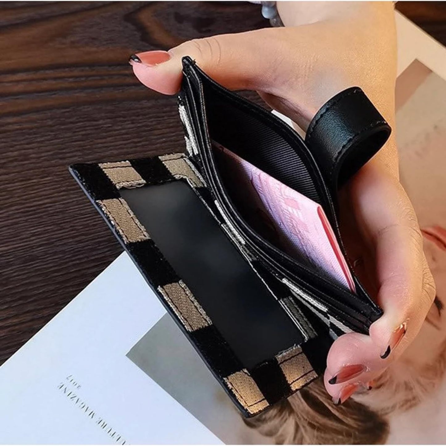TURBOOST Cute Slim Card Holder Canvas Front Pocket Checkered Wallet, Small Credit Card Case for Women (Black)