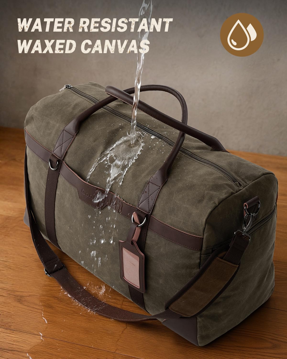 Gonex Waxed Canvas Duffle Bag for Travel, Water-resistant Vintage 55L Duffel Weekender with Shoes Compartment & Luggage Tag, Heavy-duty Overnight Bag with Suitcase Handle Sleeve for Men, Army Green