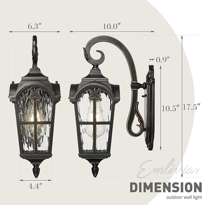 Emliviar Vintage Outdoor Lighting Fixture Wall Sconces with Water Ripple Glass, 17.5" Front Porch Wall Lantern, Black Finish with Gold Edges, WE215B-SW BG