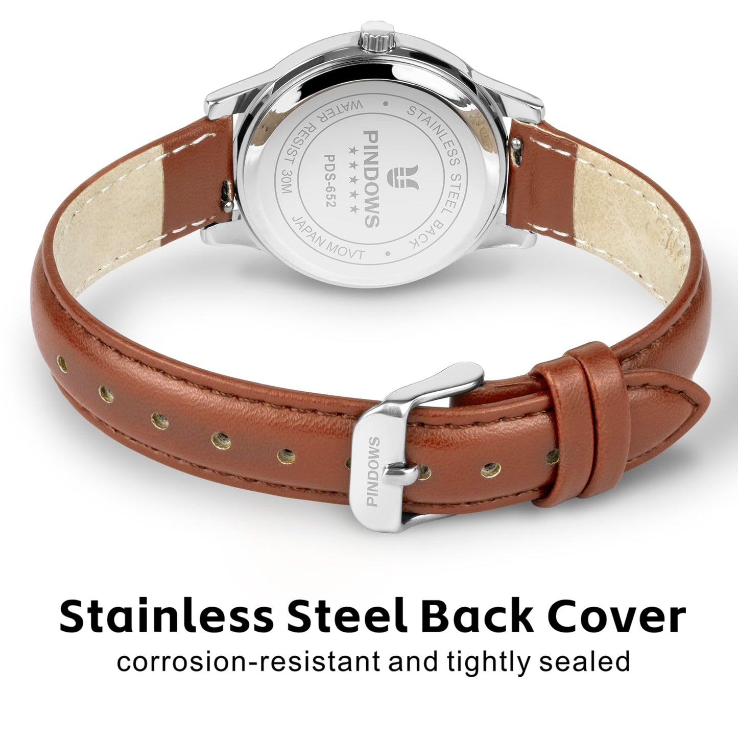 PINDOWS Minimalist Watches for Women, Gold-Tone Case with Black Leather Strap, Fashionable, Everyday Elegant Quartz Analog Dress Watch