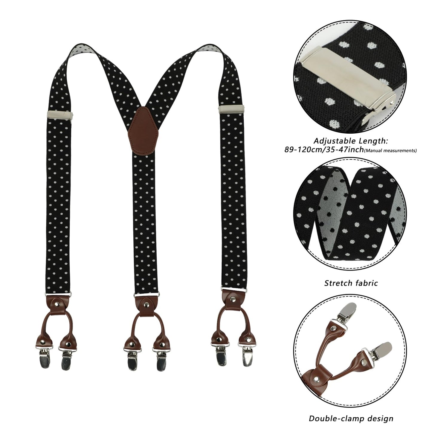 LEHOMU Suspenders for Men with leather 6 Heavy-Duty Clips, 1.4 Inches Wide Men's Suspenders Y-Back Adjustable Elastic Fit for Work or Casual Wear,Black and White Dots