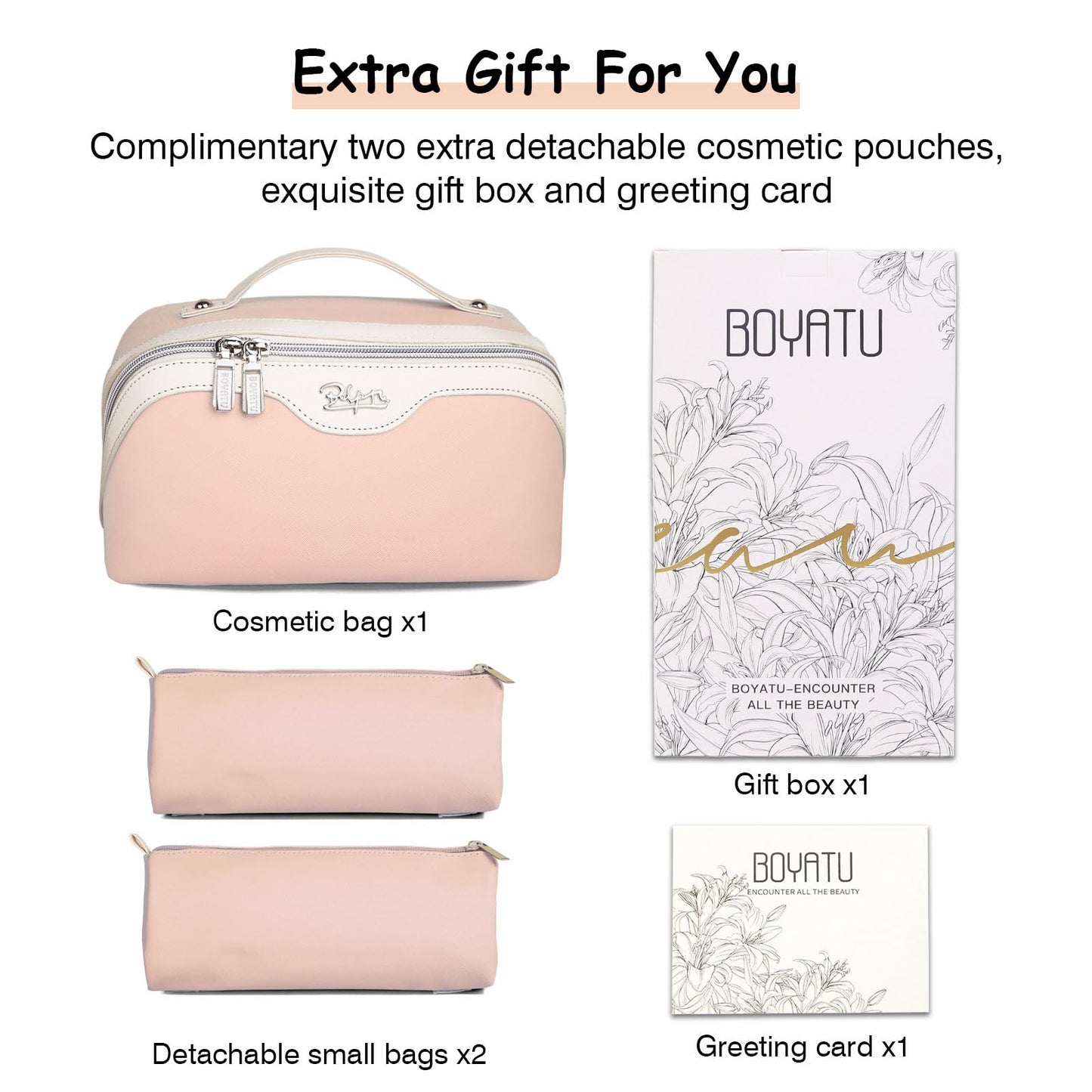 BOYATU Travel Makeup Bag Organizer Cosmetic Bag: 3 Pcs Set Make up Bags for Women with Handle - Waterproof Vegan Leather Toiletry Bags Travel Essentials Pouch with Compartments (A-09-Pink)