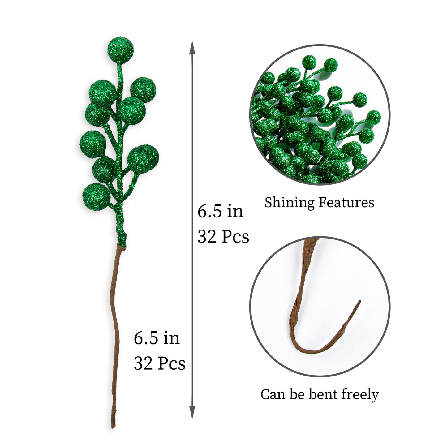 VioletEverGarden 32 Pack Glitter Christmas Picks 6.5 Inch Christmas Berry Stems Green Artificial Berry Stems for Holiday Xmas Tree Home Decorations