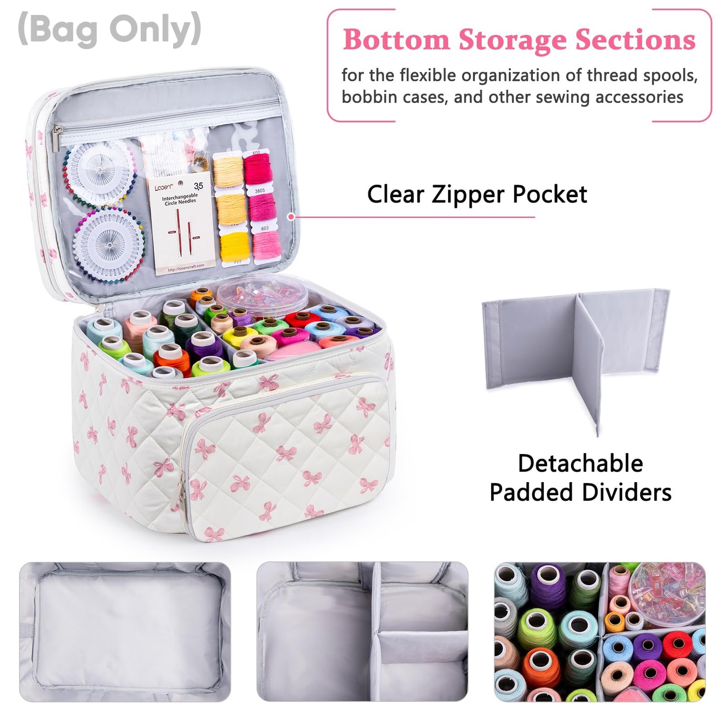 AMOIGEE Double-Layer Sewing Organizer Storage Bag with 2 Detachable Pouches, Large Quilted Sewing Basket for Supplies & Tools, Portable Travel Sewing Kit Case, Gift for Mom(Bag ONLY)