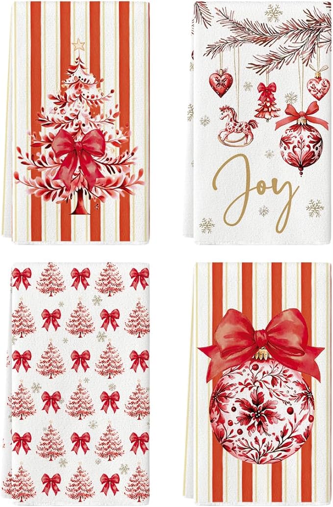 Artoid Mode Red Porcelain Ornaments Xmas Tree Christmas Kitchen Towels Dish Towels, 18x26 Inch Farmhouse Holiday Winter Decoration Cleaning Set of 4
