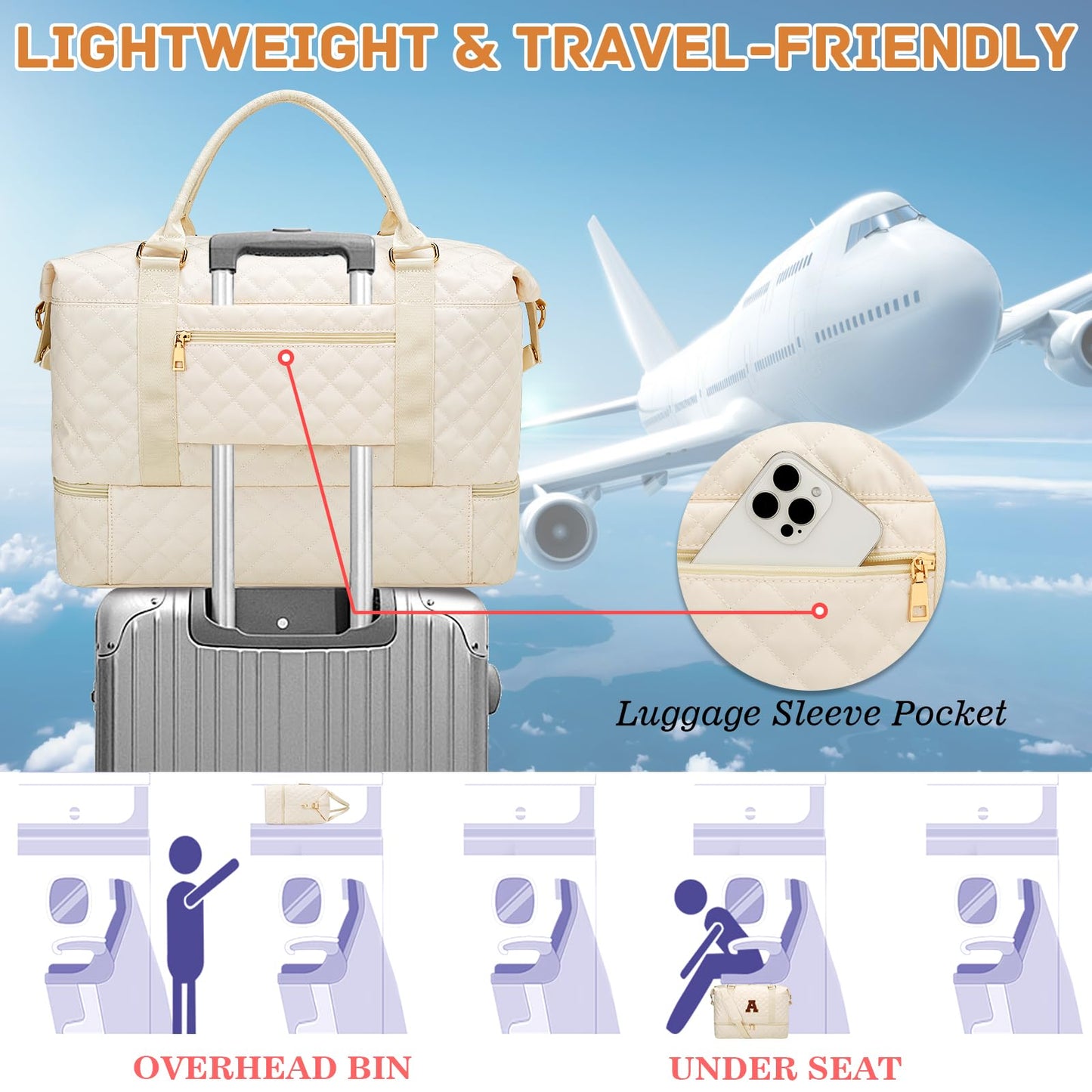 Gifts for Women Initial Travel Duffle Bag Quilted Weekender Bags Carry-On Overnight with Cosmetic Bag, Gym Bag with Shoe Compartment Hospital Bag for Women Labor Delivery, Beige-A