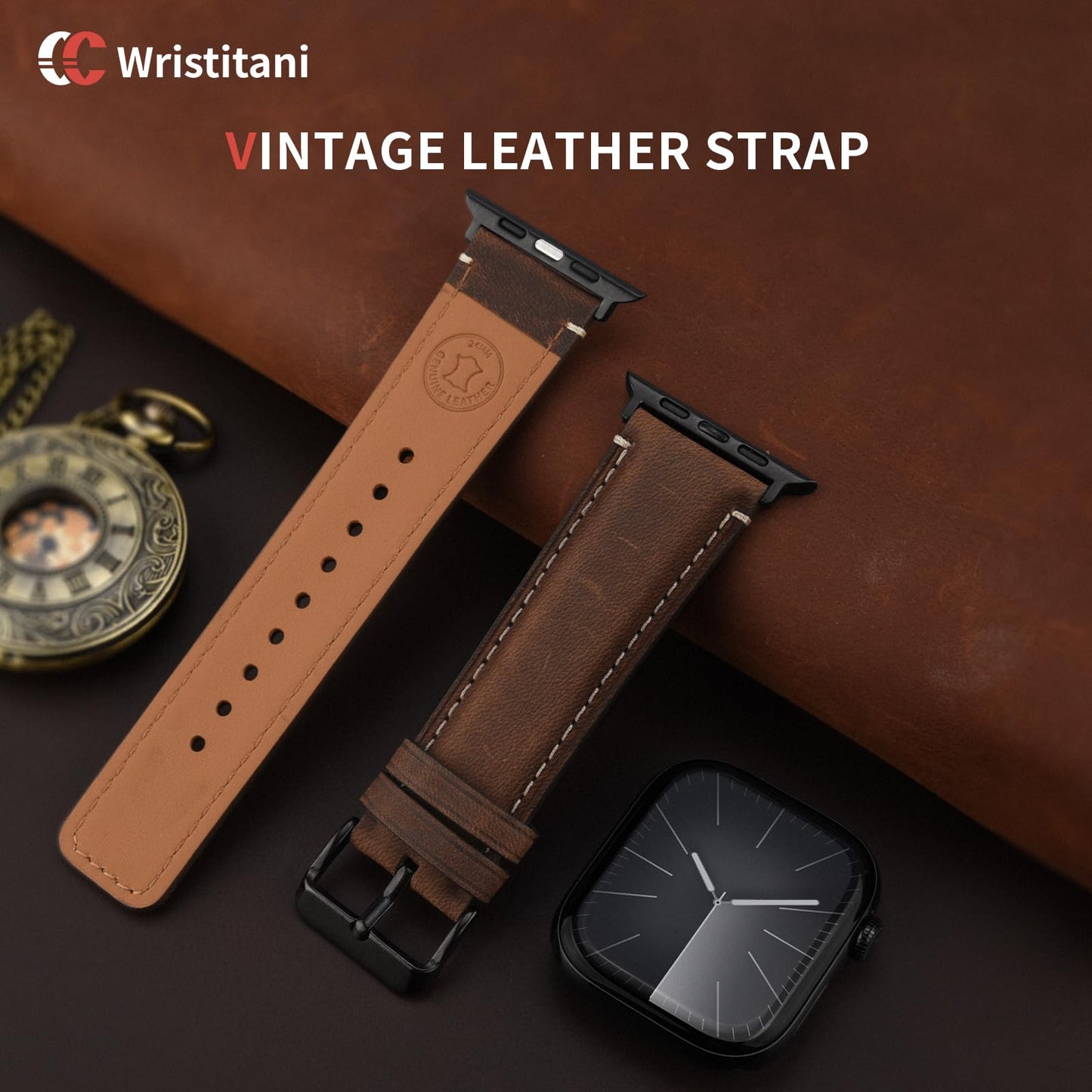 Wristitani Leather Band Compatible With Apple Watch Bands 49mm 46mm 45mm 44mm 42mm 41mm 40mm for Men,Genuine Leather Replacement Band for iWatch Ultra2 Ultra Series 10 9 8 7 SE2 SE 6 5 4